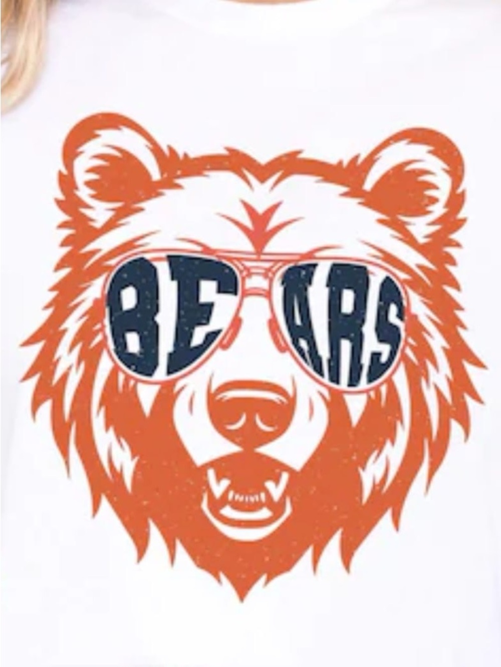 White Sweatshirt with Orange Bear Graphic and Navy Sunglasses - Picture 2 of 4